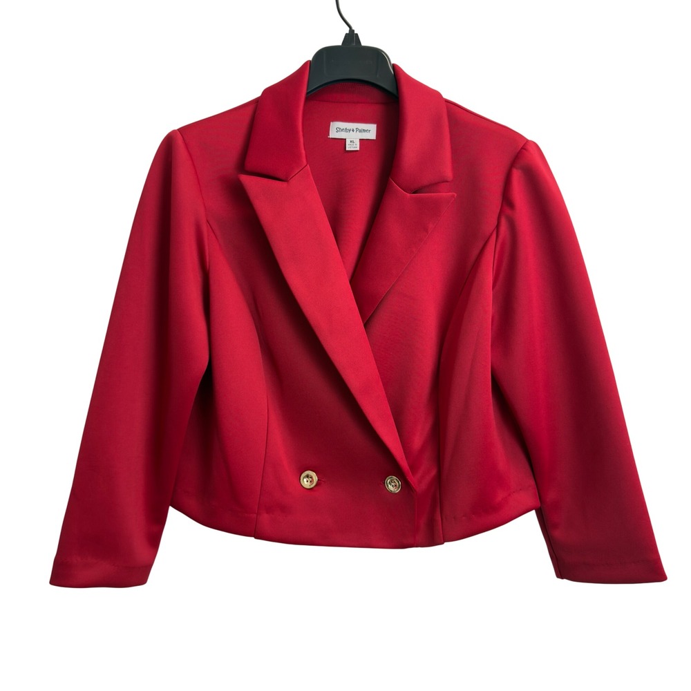 Shelby & Palmer Red Cropped Blazer Jacket Gold Buttons Scuba Stretch XL